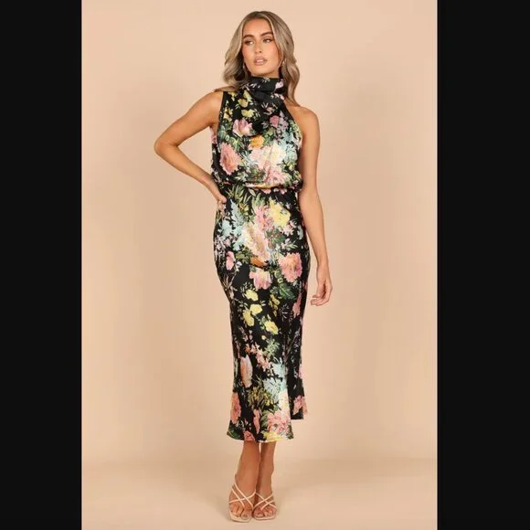 Petal & Pup Anabelle Black Floral Satin Halter High Neck Midi Dress XL - Picture 2 of 11